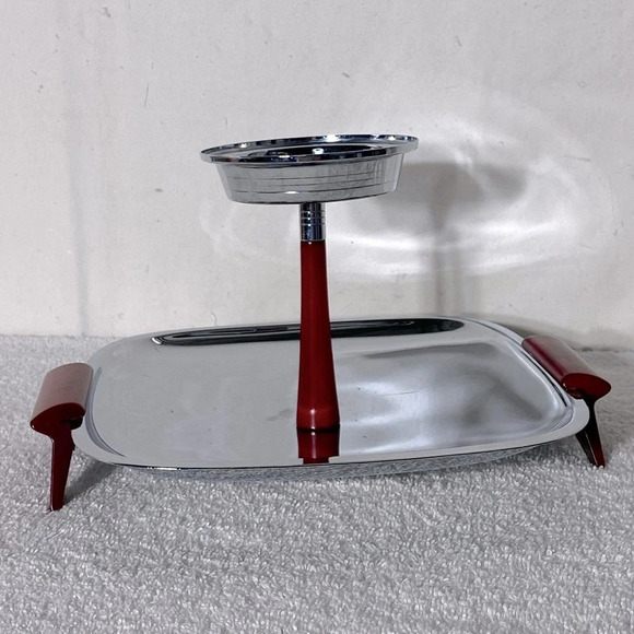 Vintage Glo Hill Gourmates Chrome Serving Tray W Cherry Red Bakelite Accents - Picture 3 of 13
